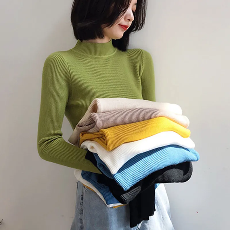 

Women imitateCashmere Sweater Slim Soft Knitted Jumpers Mockneck Pullovers Solid T-Shirts Semi-Turtleneck Sweaters Women Winter