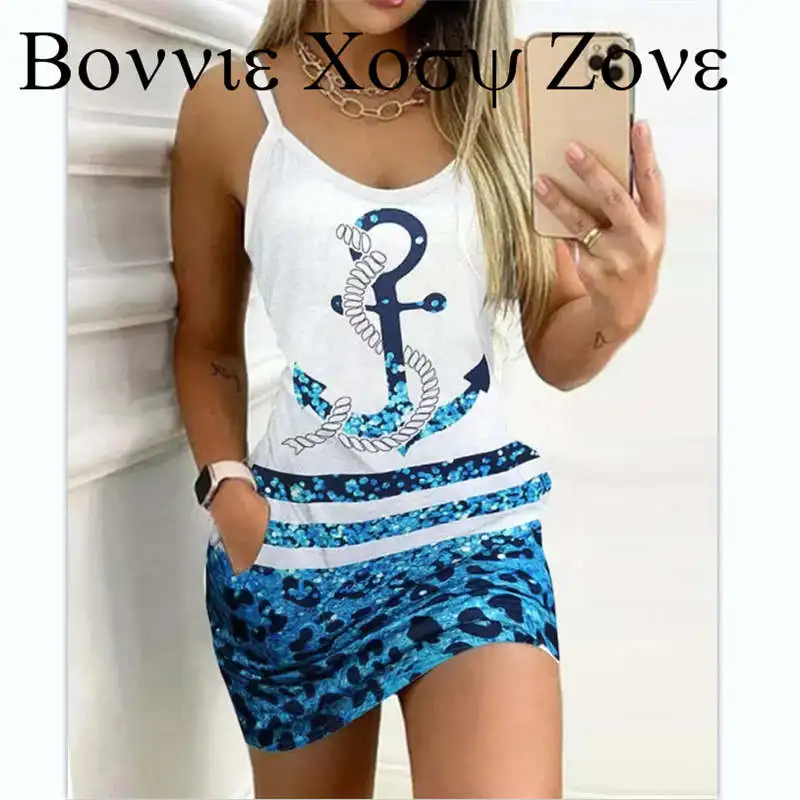 

Dress For Women 2023 Spaghetti Strap Anchor Leopard Print V-Neck Casual Dress