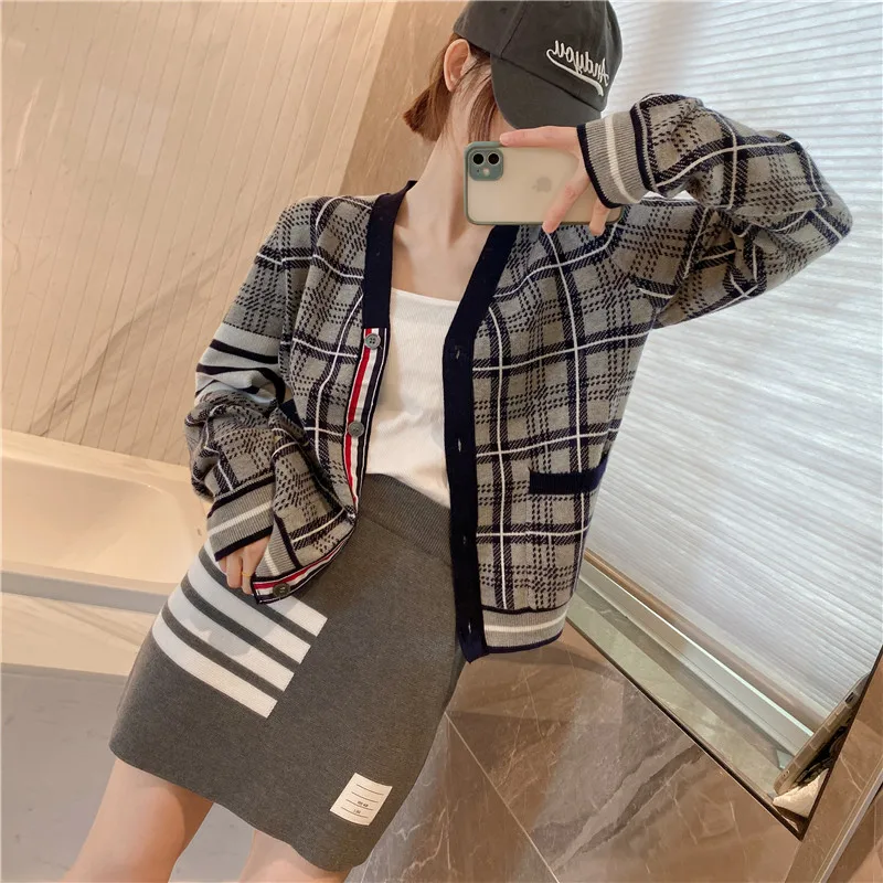 

TB College Style Vintage Check Jacket Women's Cardigan Loose Outer Fall/Winter 2022 New Lazy Style Knitwear Top