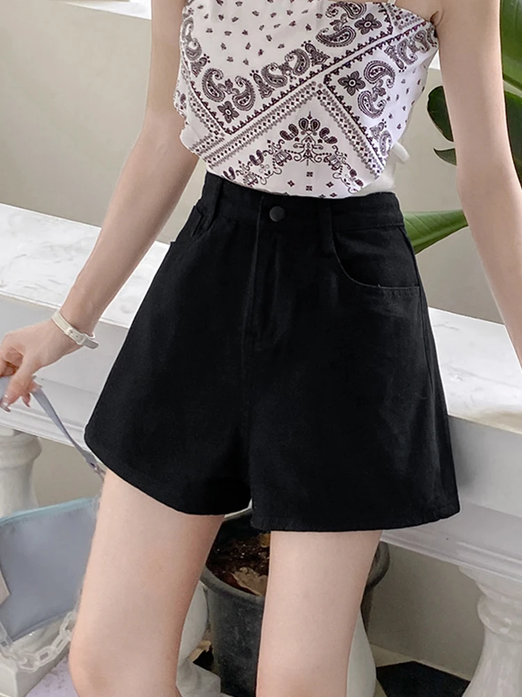 New Spring Summer Women High Waist Button Wide Leg Denim Shorts Casual Female Loose Black Jeans Shorts Ladies Bottoms