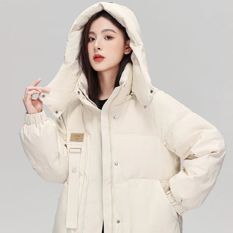 damska biała kurtka puchowa długa kołnierz z kapturem luźna ciepła gruba moda nowość zima 2024