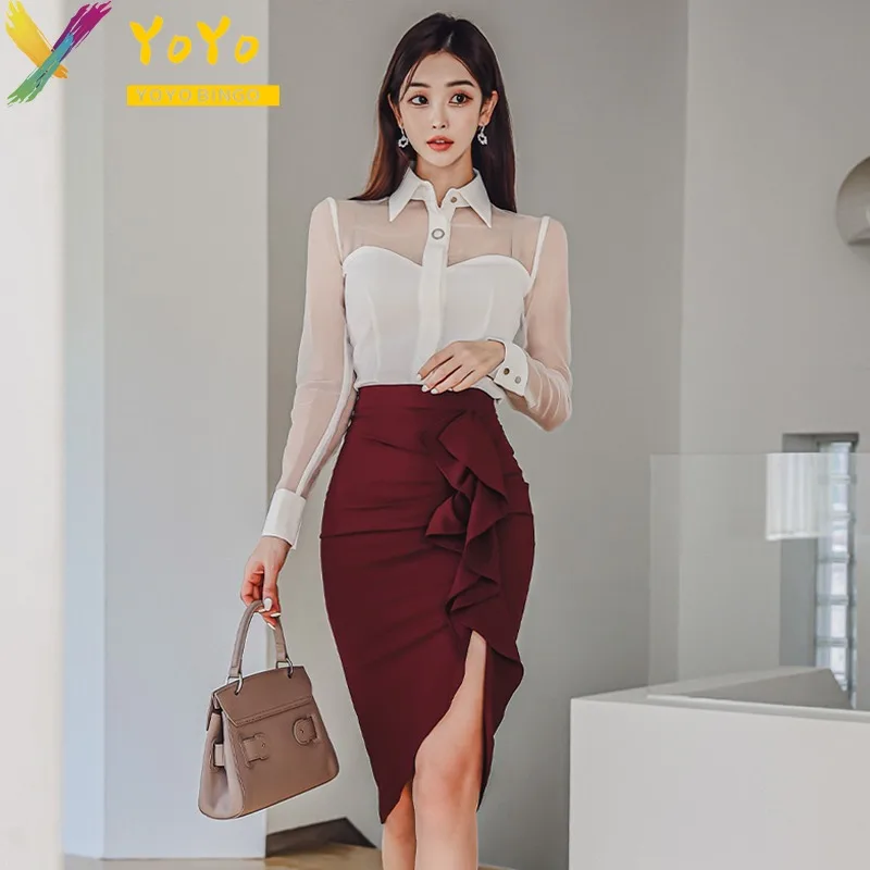 

Официальный комплект, белая прозрачная рубашка с длинным рукавом и юбка с разрезом и оборками по краям, осень/зима 2023, облегающий офисный женский костюм из 2 предметов