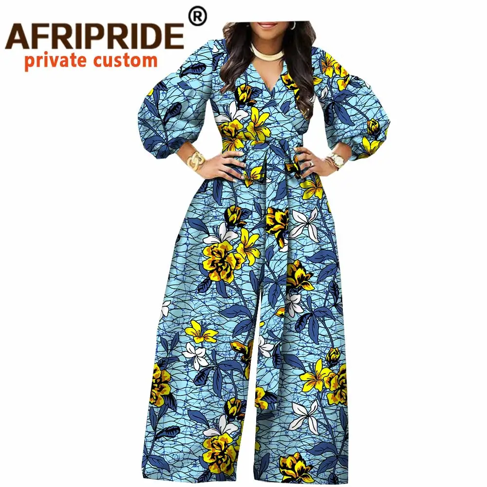 2023 African Jumpsuit for Women Three Quarter Lantern Sleeve Full Length Wide Leg Women Cotton Jumpsuit African Clothes A1829011