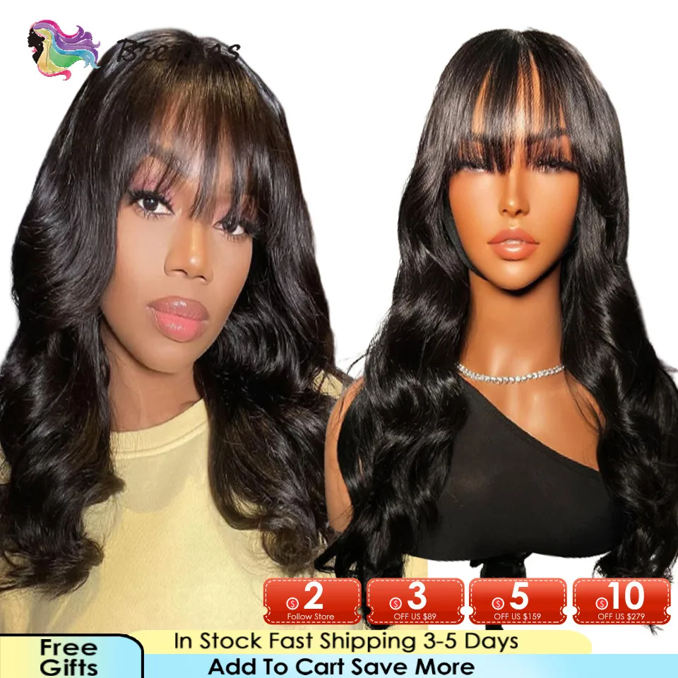 Body Wave Human Hair Wig With Bangs Glueless Body Wave Wigs Natural Color Full Machine Made Wigs For Women Human Hair Density180