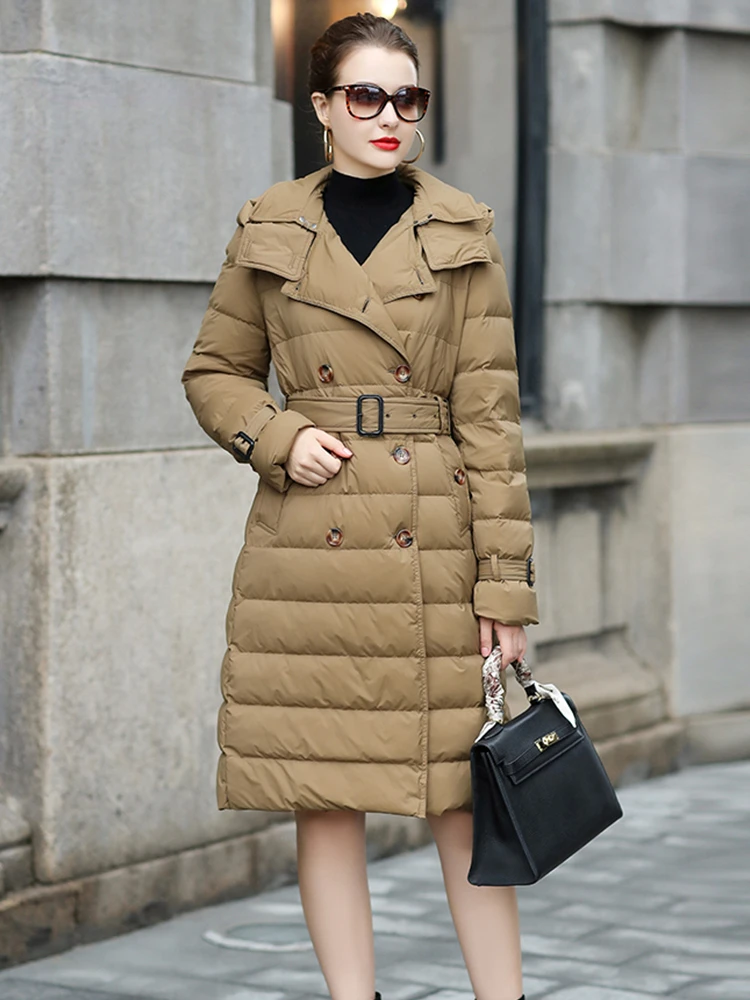 

2023 Winter Women Trench Puffer Coat 90% Duck Down Jacket Female Mid-Long Warm Parkas England Style Hooded Overcoat with Scarf