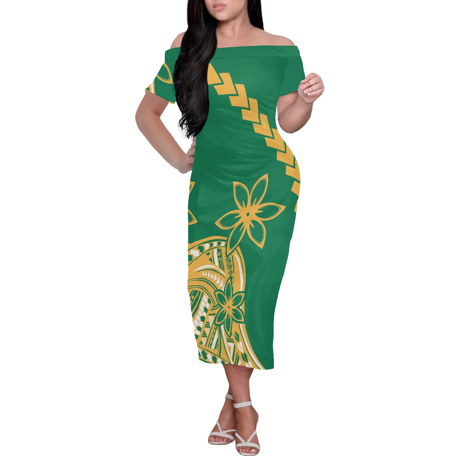 

Женское платье с открытыми плечами HYCOOL, летнее зеленое платье для выпускного вечера, повседневная женская одежда с принтом гибискуса, полинезийский Племенной Стиль, Новое поступление 2022