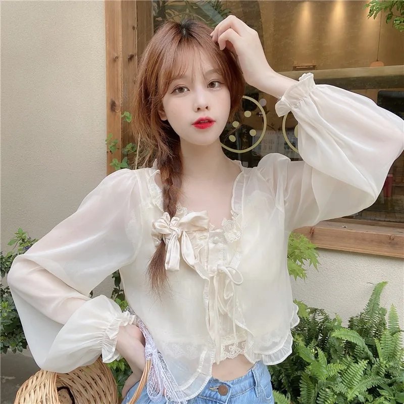 

Summer Women Thin Shirts Loose Chiffon Long Sleeve Sun Protection Shirt Solid Korean Beach Holiday Ladies Tops NS5628