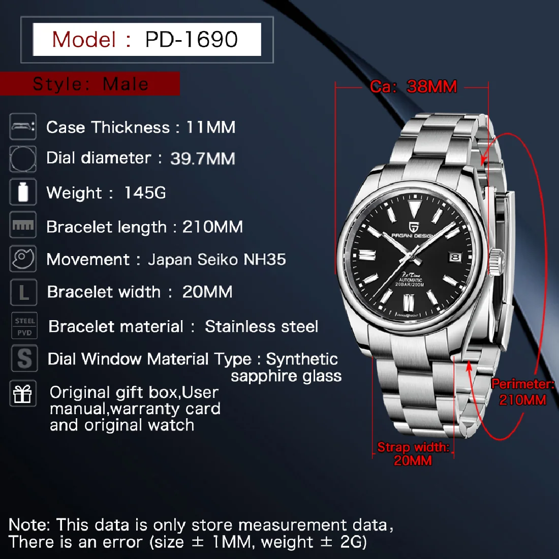 

PAGANI Design New Men's Automatic Mechanical Watches 39MM Sapphire Luxury Business 200M Waterproof NH35A Reloj Hombre