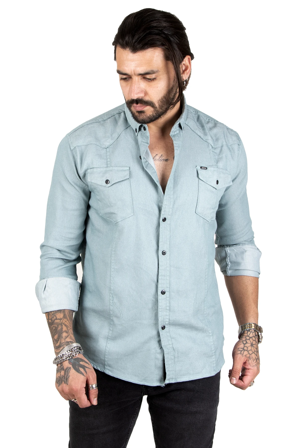 DeepSEA narrow cut lycra pocket cap buttoned long sleeve men's denim shirt 2201916