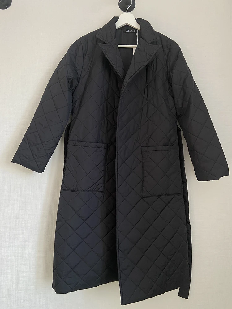 Winter Fashion Women Cotton Padded Long Coat Female Casual Pocket Sash Rhombus Padded Jacket Lapel Casual High Street Outerwears