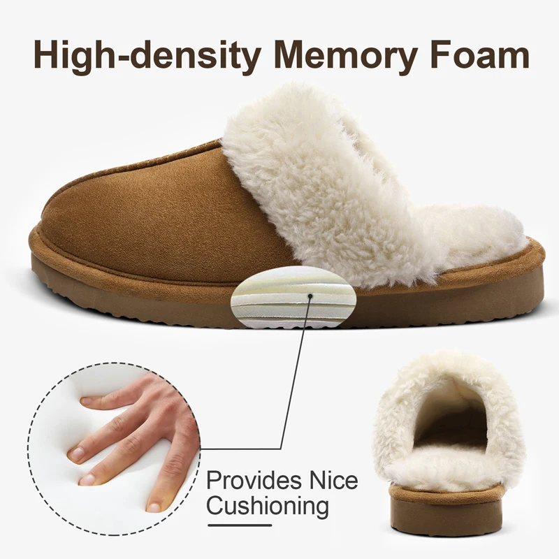 Shevalues Winter Women Furry Slippers Warm Plush Slippers Men Fashion Indoor Outdoor Fluffy Suede Mules Non-slip Cotton Shoes