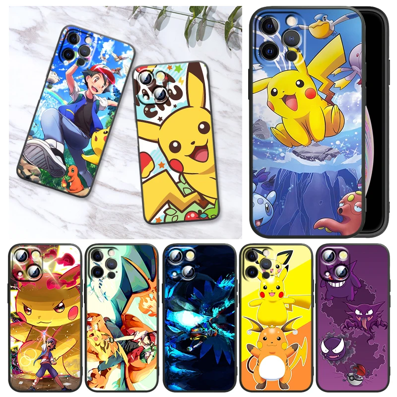 

Anime Pokemon Pikachu For Apple iPhone 13 12 Pro Max Mini 11 Pro XS Max X XR 6 7 8 Plus SE2020 Black Phone Case Funda Capa
