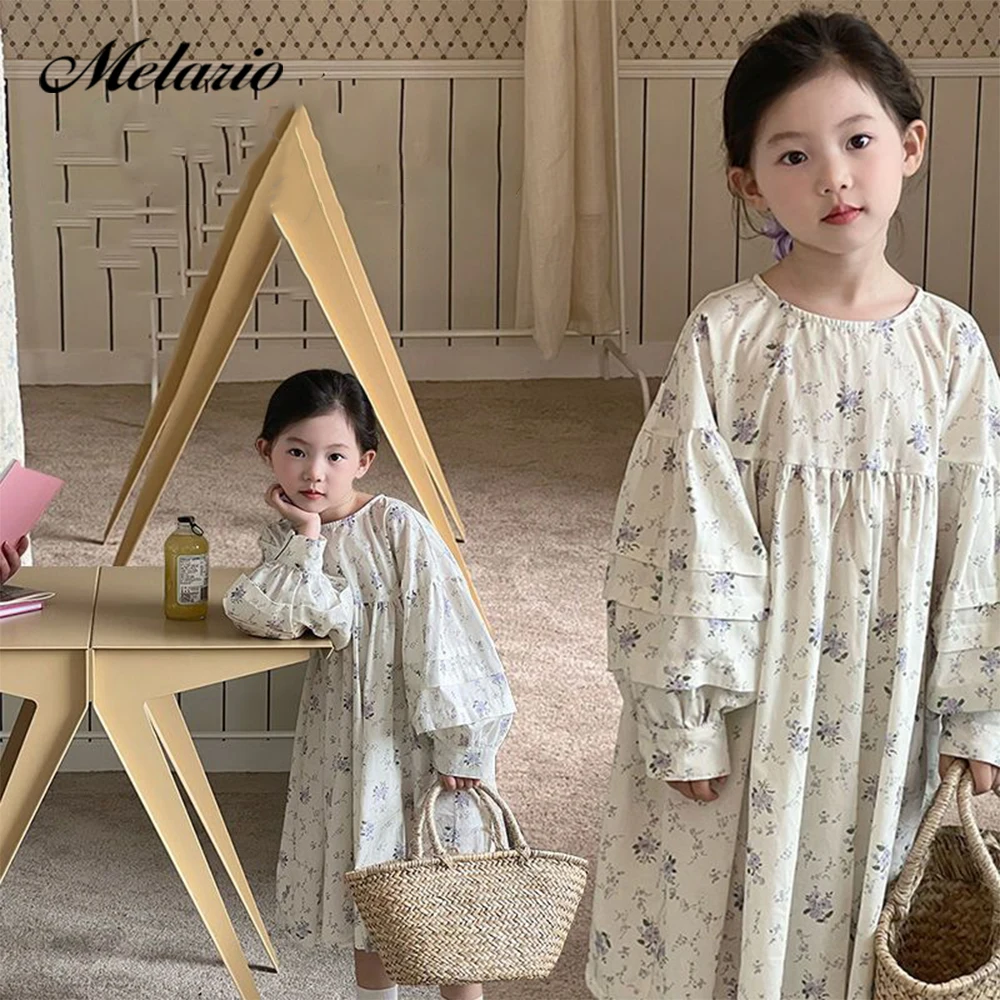 

Melario Girls' Dress 2023 Spring and Autumn New Girls' Round Neck Flower Print Princess Dress Kids Fashion Long Sleeve Dress