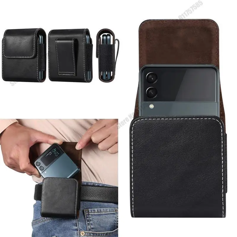 

For Samsung Galaxy Z Flip 3 4 5G Case Belt Clip Holster Cover For Huawei P50 Pocket Motorola Razr 5G Flip Leather Waist Bag case
