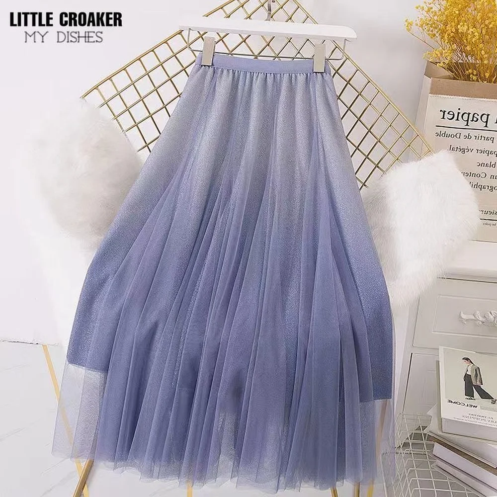 

Womens Flocking Sweetheart Tulle Skirts Fashion High Waist Midi Degrees Hem Mesh Pleated Skirt Mid Long INS 2022 New Summer Jupe