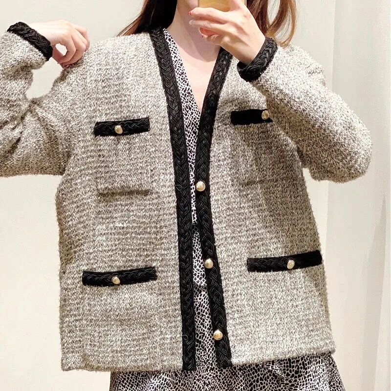 

Fashion Cardigan Women New Maje Cardigans Tweed Knitting V-neck Cardigans Jacket Autumn Winter Cardigan Top Woman Cardigans Maje