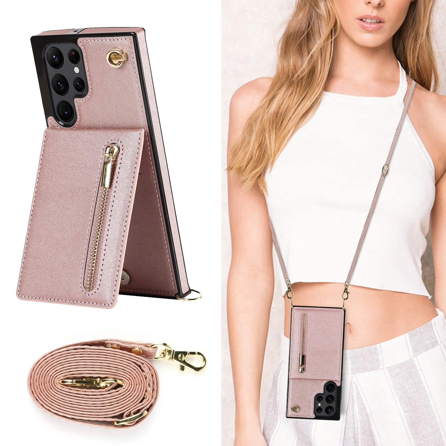 Zipper Wallet CrossBody Lanyard Case For Samsung Galaxy S22 S21 Note20 S20 Ultra S9 S10 S23 Plus 5G Kickstand Cards Solt Cover