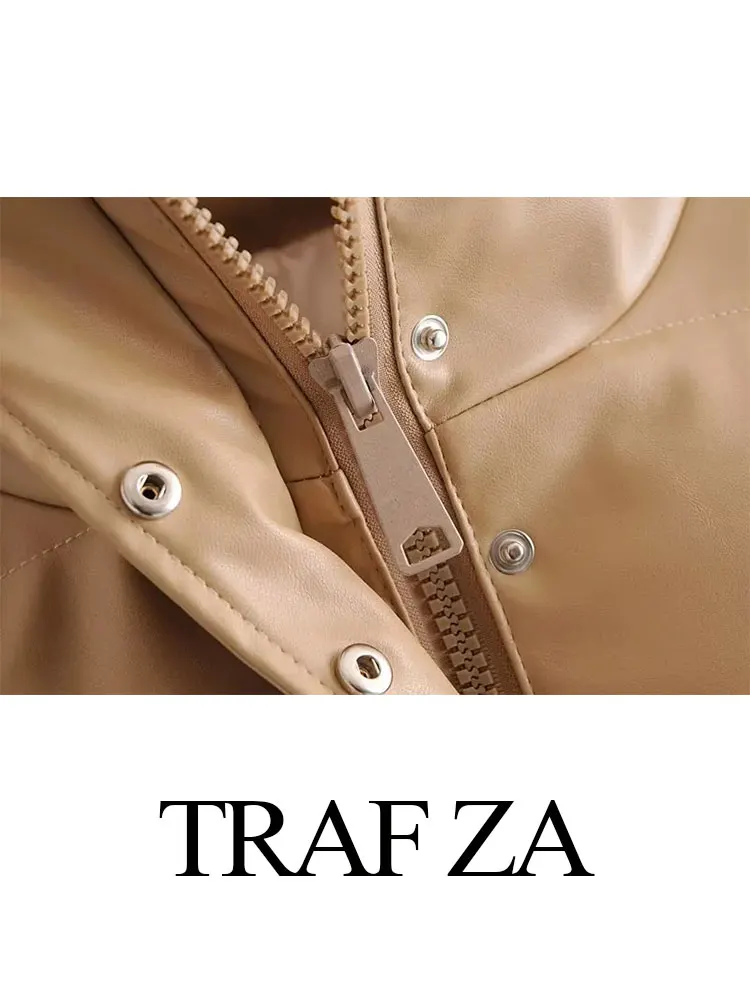 TRAF ZA Winter Women's Clothing Cotton Coat Faux Leather Thick Warm Jacket Vintage Solid Female Adjustable Hem Outerwear Tops