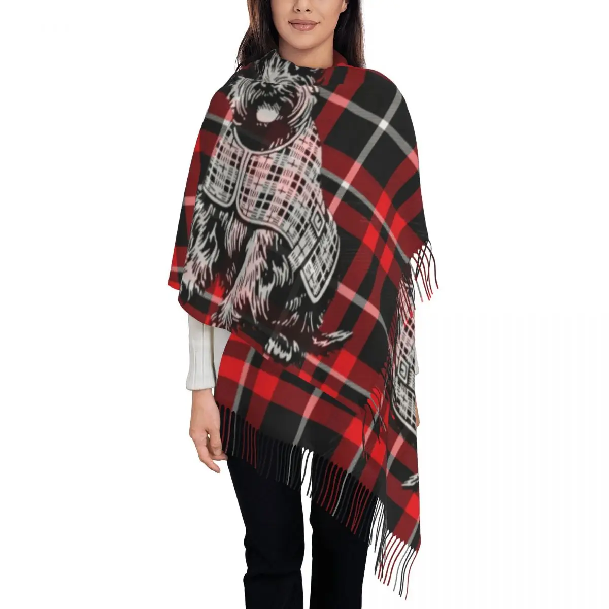 

Luxury Scottish Terrier Dog On Red And Black Tartan Plaid Tassel Scarf Women Winter Warm Shawls Wraps Ladies Scottie Pet Scarves