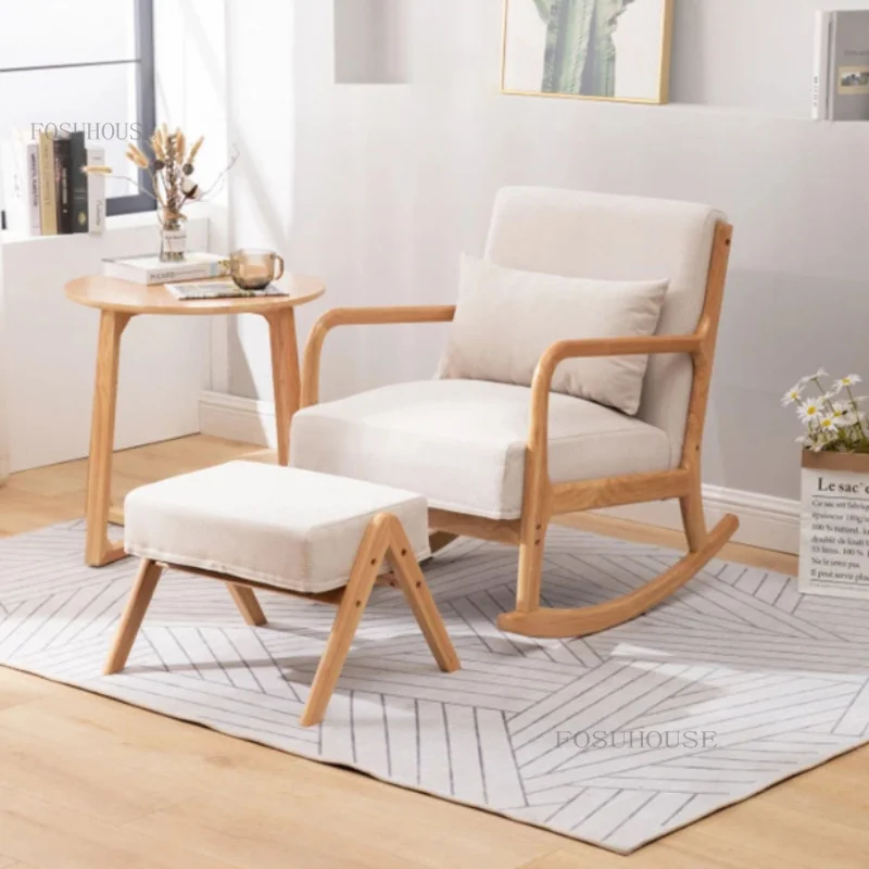 

Solid Wood Lounges Chair for Living Room Bedroom Rocking Armchair Fabric Oak Sofa Footstool Set Fabric Balcony Lazy Chair