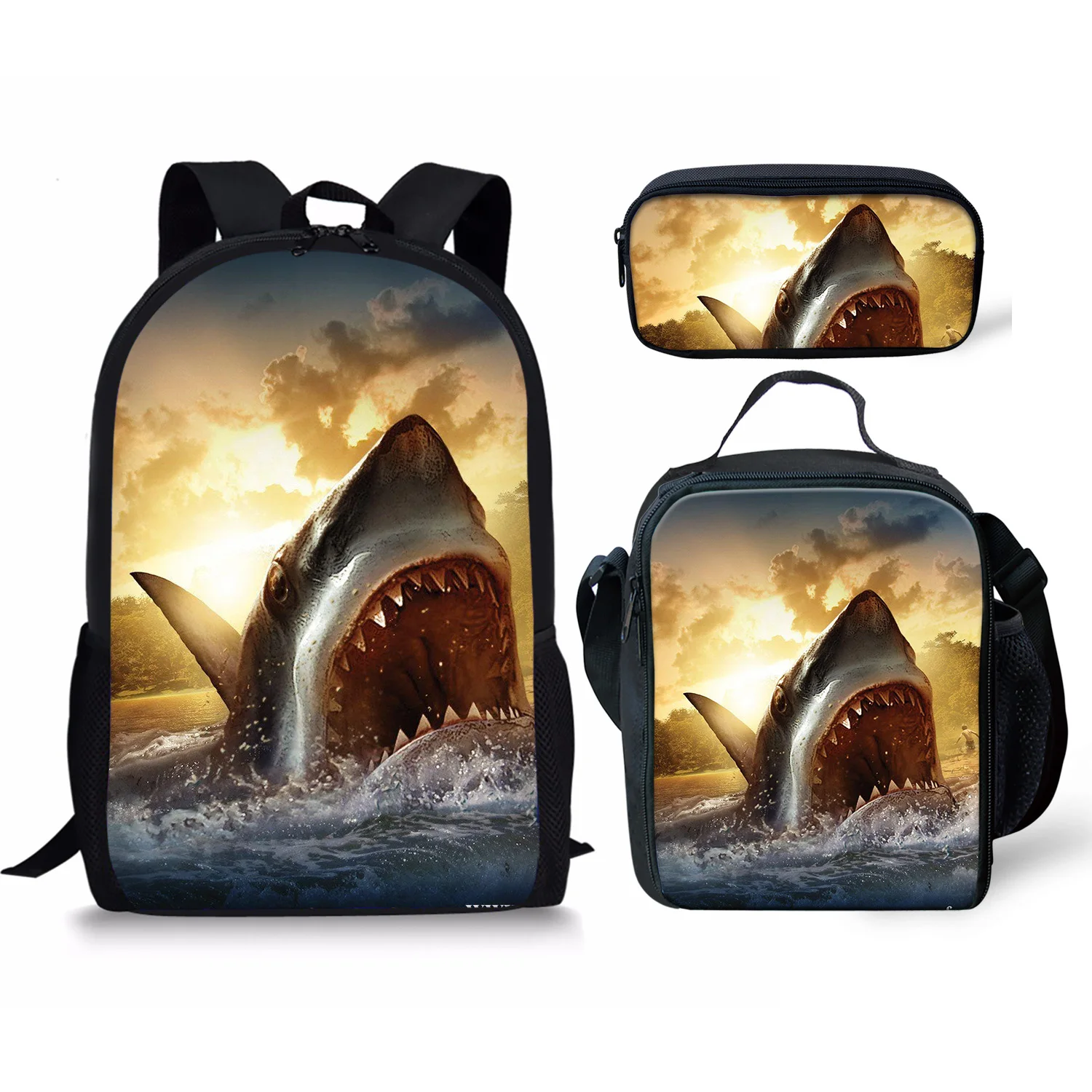 Shark Pattern School Bags Boys 3pcs Pencil Cases Lunch Food Children Backpack Customized Premium Student Rucksack Free Shipping