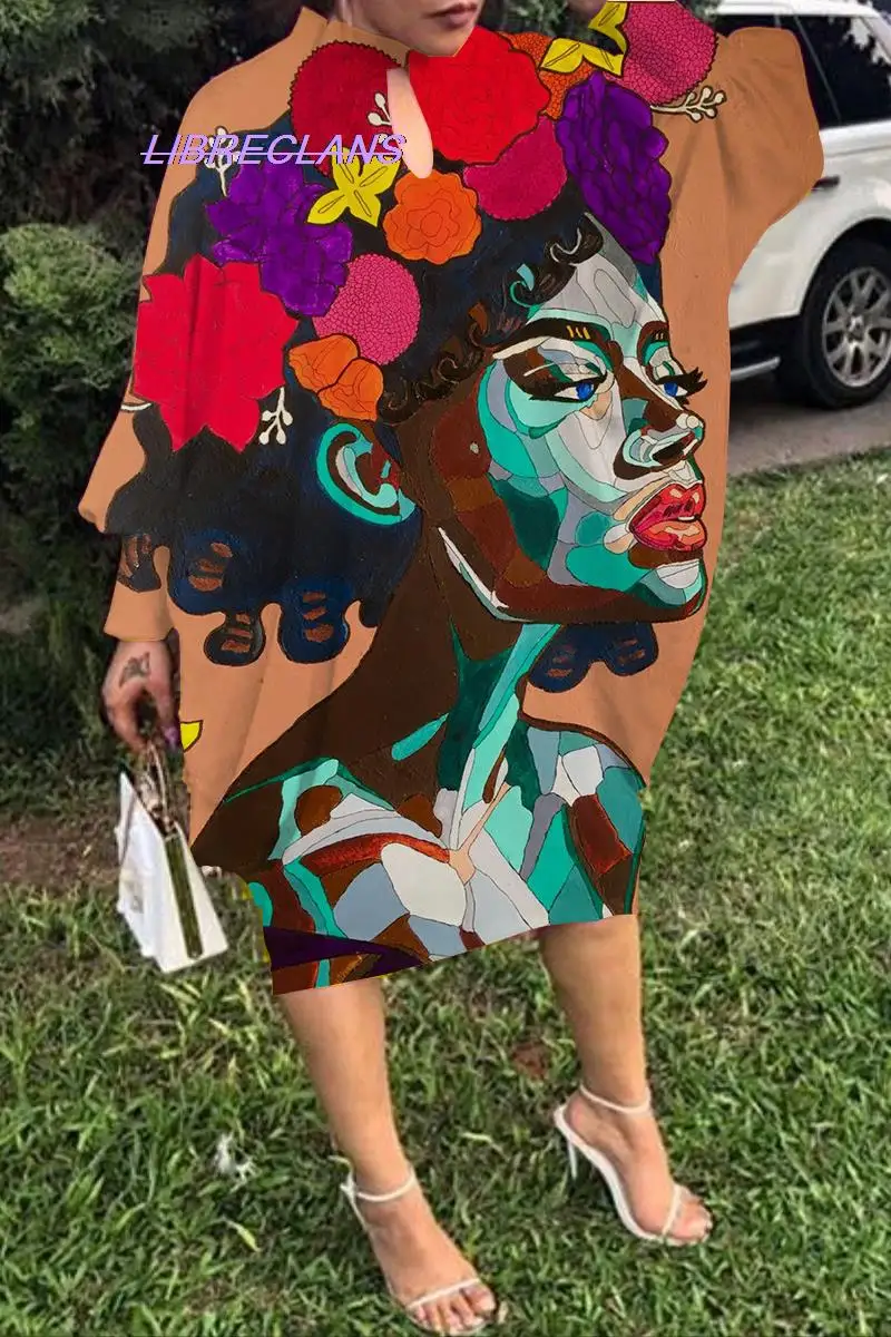 

Africa Art Face Spring Oversized Sexy Girls Long DressES Women Elegant Bat Sleeve Party Print Fashion Beach Loose Mid-calf Dress