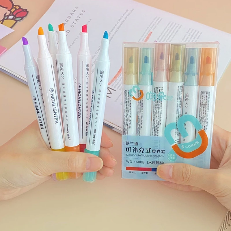 

New 6PCS Morandi Highlighters Pen Set Refillable Macaron Markers Pens Permanent Markers for Children Students Note Taking