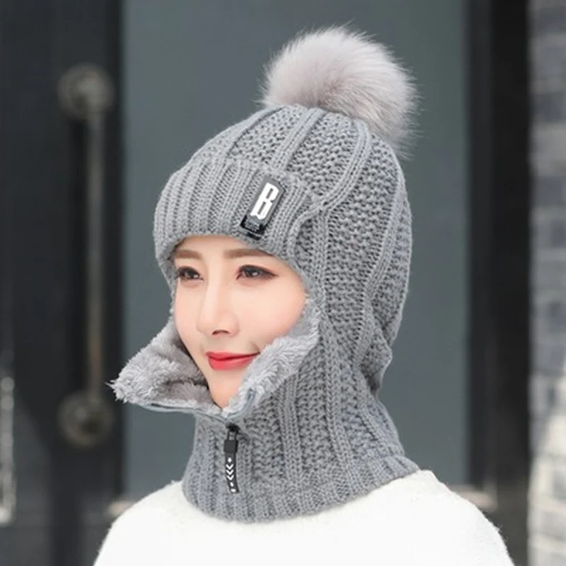 

Winter Women Knitted Hats Add Fur Lined Warm Winter Hats For Women With Zipper Keep Face Warmer Balaclava Pompoms Cap