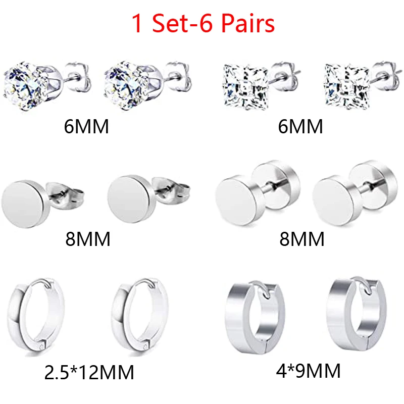 6 пар серьги-гвоздики из нержавеющей стали с цирконом |