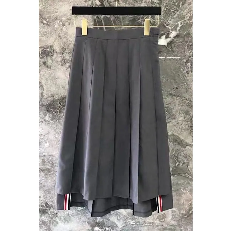 TB mid-length skirt new gray pleated suit skirt high-waisted slim long skirt with short front and long back irregular skirt
