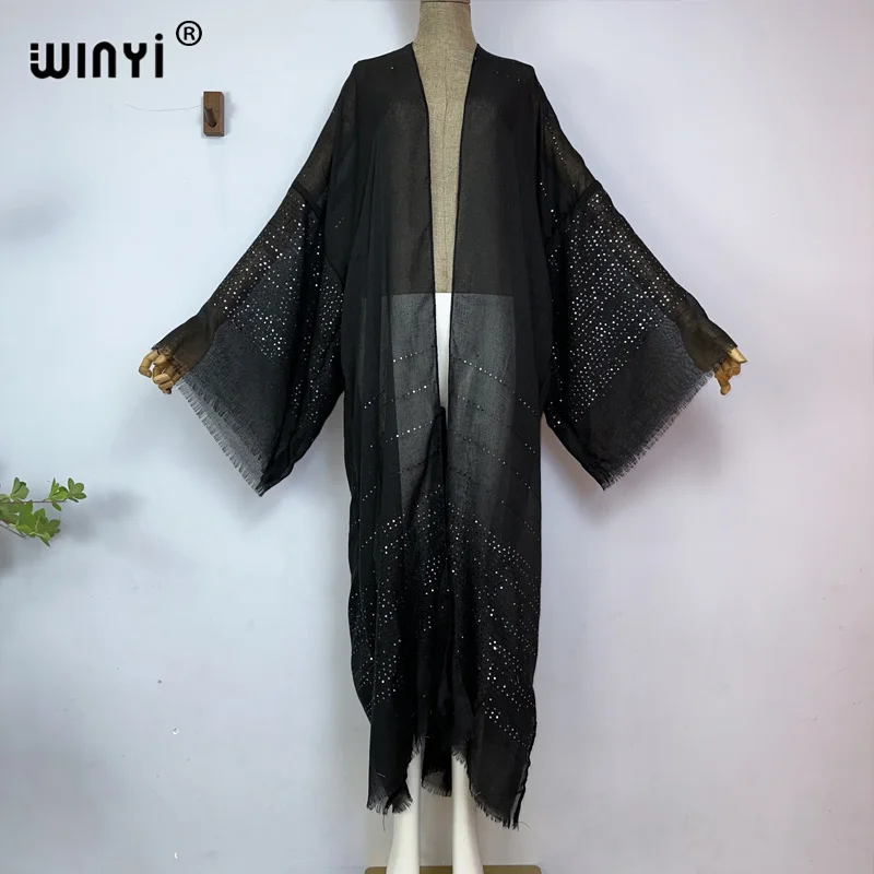 WINYI 2023 فستان نسائي بوهيمي أنيق بلون ذهبي أحادي اللون فستان غير رسمي أفريقي بأزرار خارجية للنساء كيمونو صيفي مثير