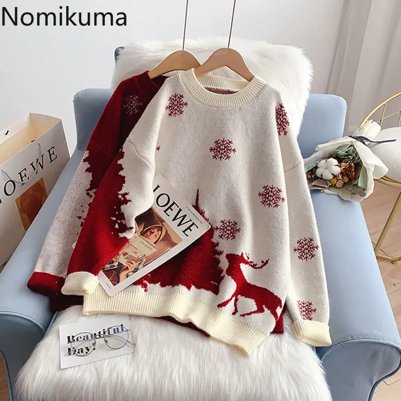 

Свитер Nomikuma, женский осенне-зимний жаккардовый Свободный вязаный пуловер контрастных цветов, Женский винтажный элегантный Рождественский ...