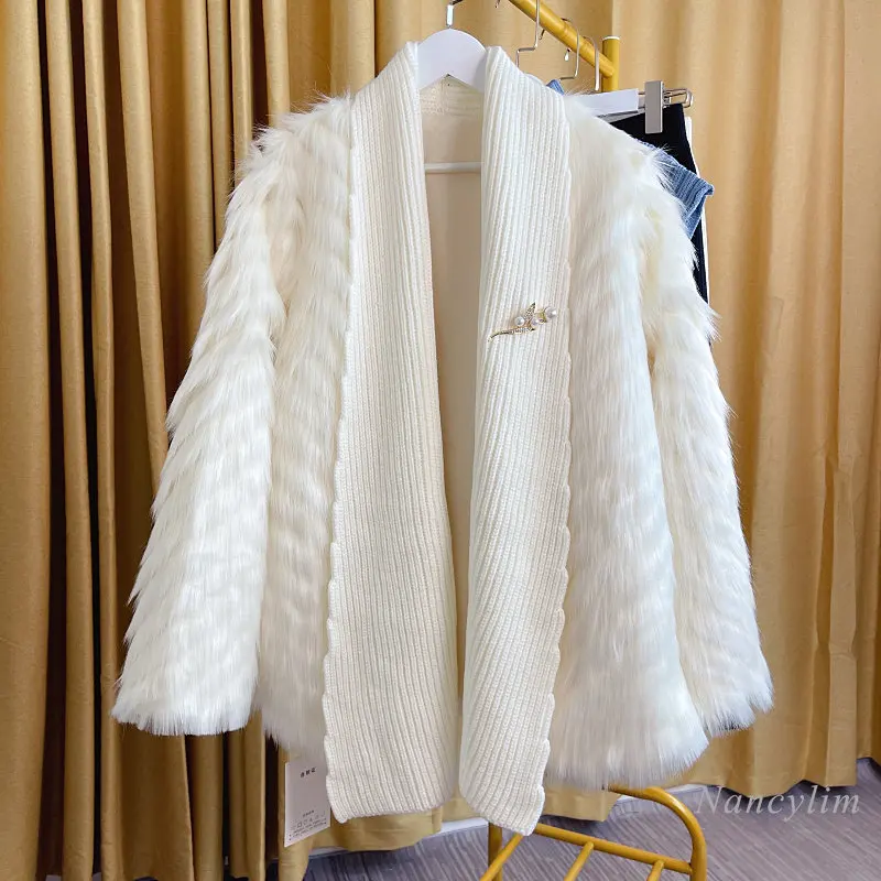 2022 Autumn and Winter Woven Imitation Fox Fur Coat Women Knitted Stitching Keep-Warm Luxury Long Fur Coats Street Overcoats