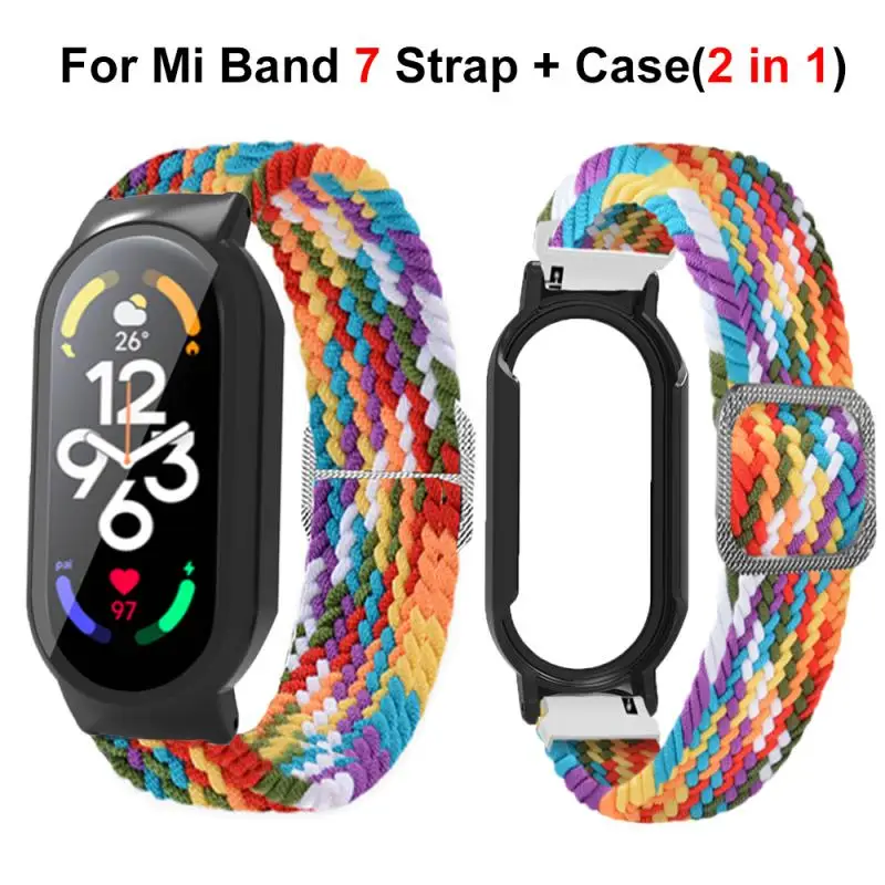 

2-in-1 design case 140mm—240mm retractable design Nylon Braided strap integrated wristband for Mi band 7 Strap one piece stretch