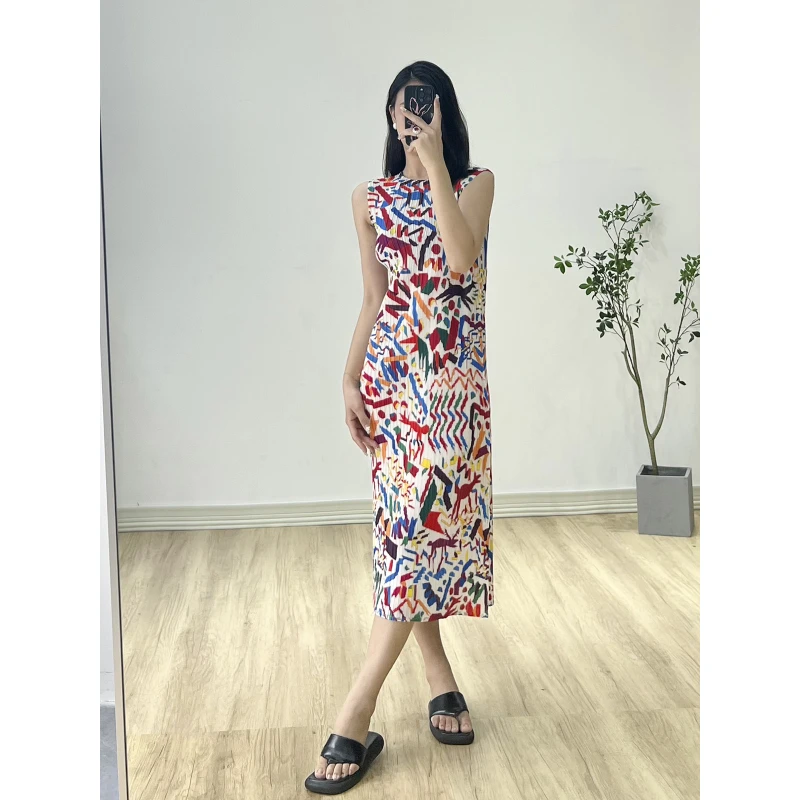 

2023 New Pleated Ribbon Print Dress Sleeveless Women Sundressr