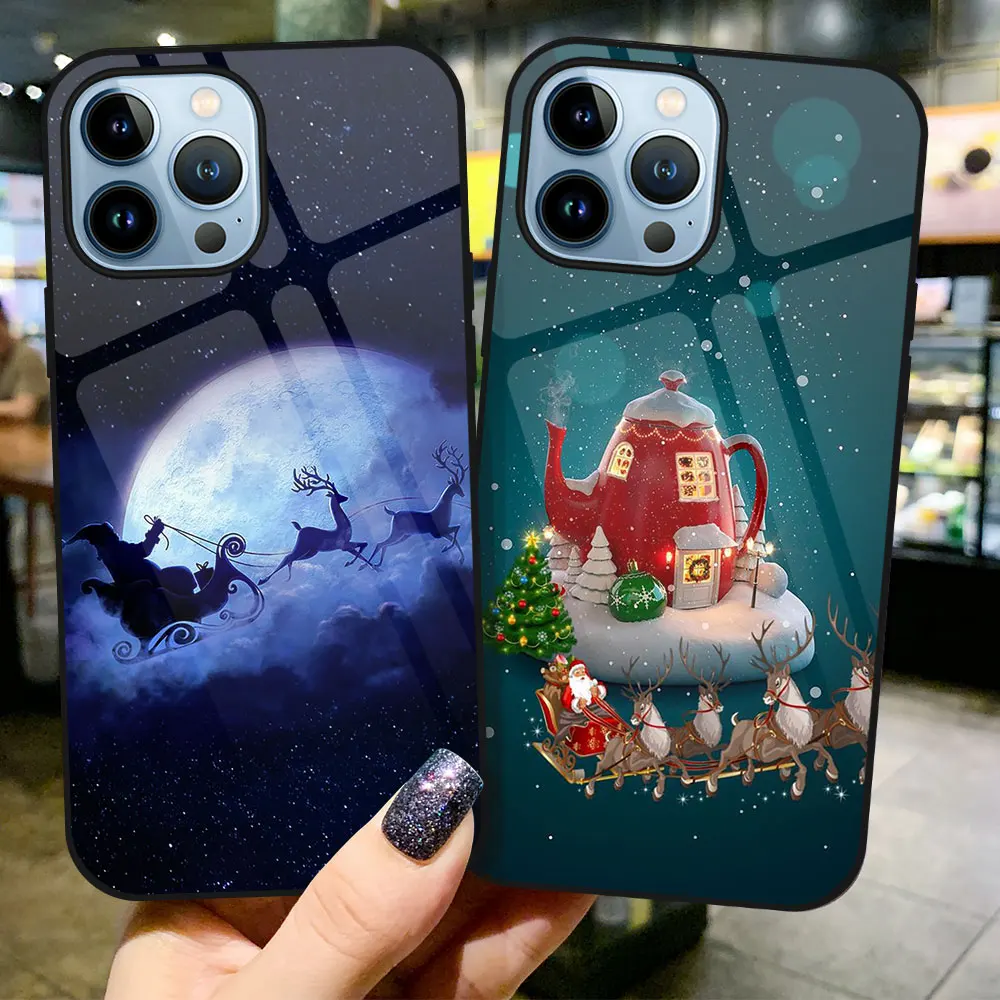 

Christmas Santa Claus Elk Phone Case for Iphone 14 11 Pro Max 13 12 Mini XS X XR 7 8 6 6S Plus SE 2022 2020 Tempered Glass Cover