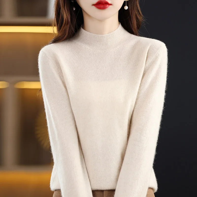

2022 Spring And Autumn New 100% Pure Wool Knit Ladies Sweater Half Turtleneck Solid Color Long Sleeve Pullover Fashion Loose Top