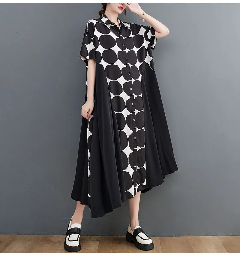 Платье-рубашка в горошек с коротким рукавом летучая мышь