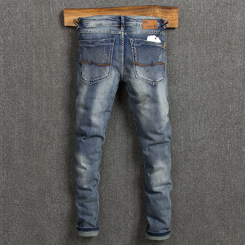 Fashion Vintage Men Jeans Retro Blue Elastic Stretch Slim Fit Ripped Jeans Men Patched Designer Casual Denim Pencil Pants Hombre