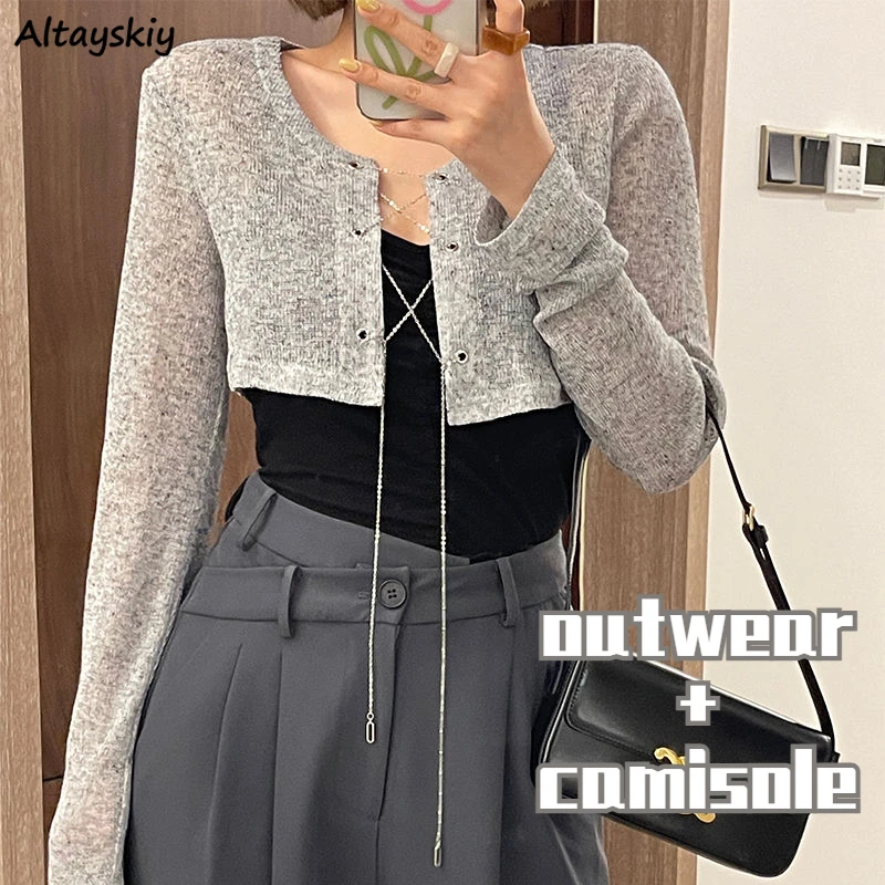 

2 Pcs Sets Women Sun-proof Slim Summer Chic Vintage Cropped Outwear Long Sleeve Fashion Outfits Black Camisole Basic Stretwear