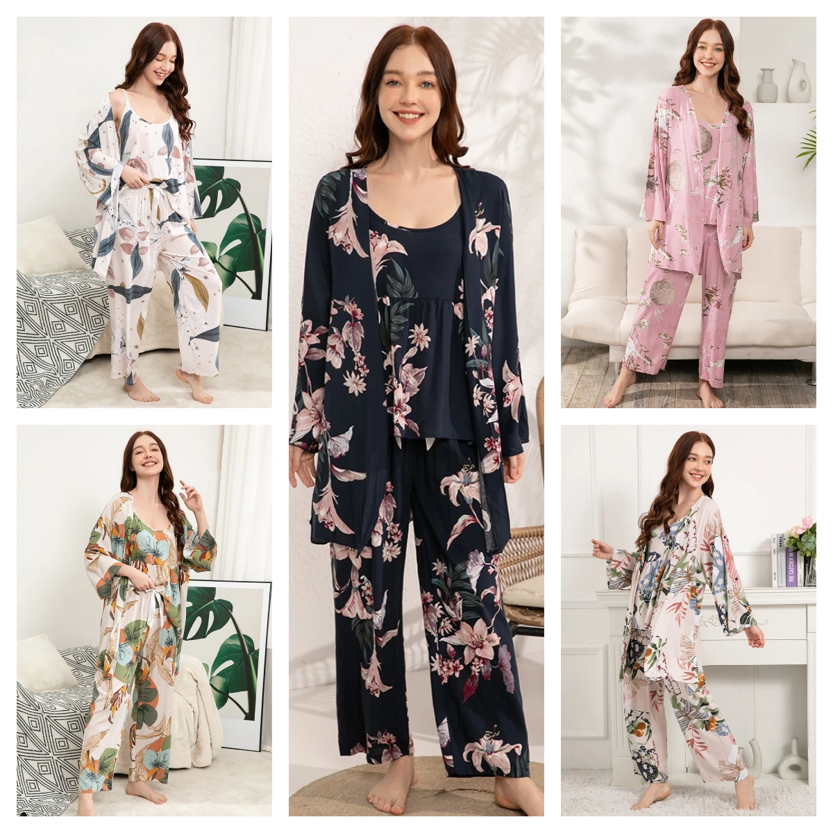 

Plus Size S-XXXL 100% Viscose Ladies Spring Autumn Pajamas Set Comfortable Soft Home Suit Robes with Pants Pyjamas Sleepwear