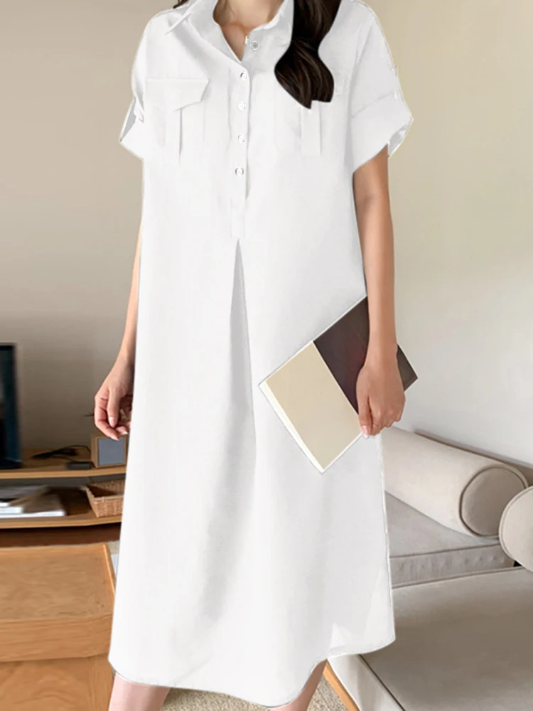 

Женское платье-рубашка с коротким рукавом, на пуговицах