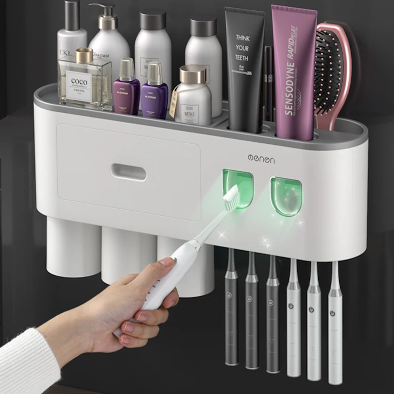 

Wall-mounted Toothbrush Holder With 2 Toothpaste Dispenser Punch-free Bathroom Storage For Home Waterproof Bathroom Accessories