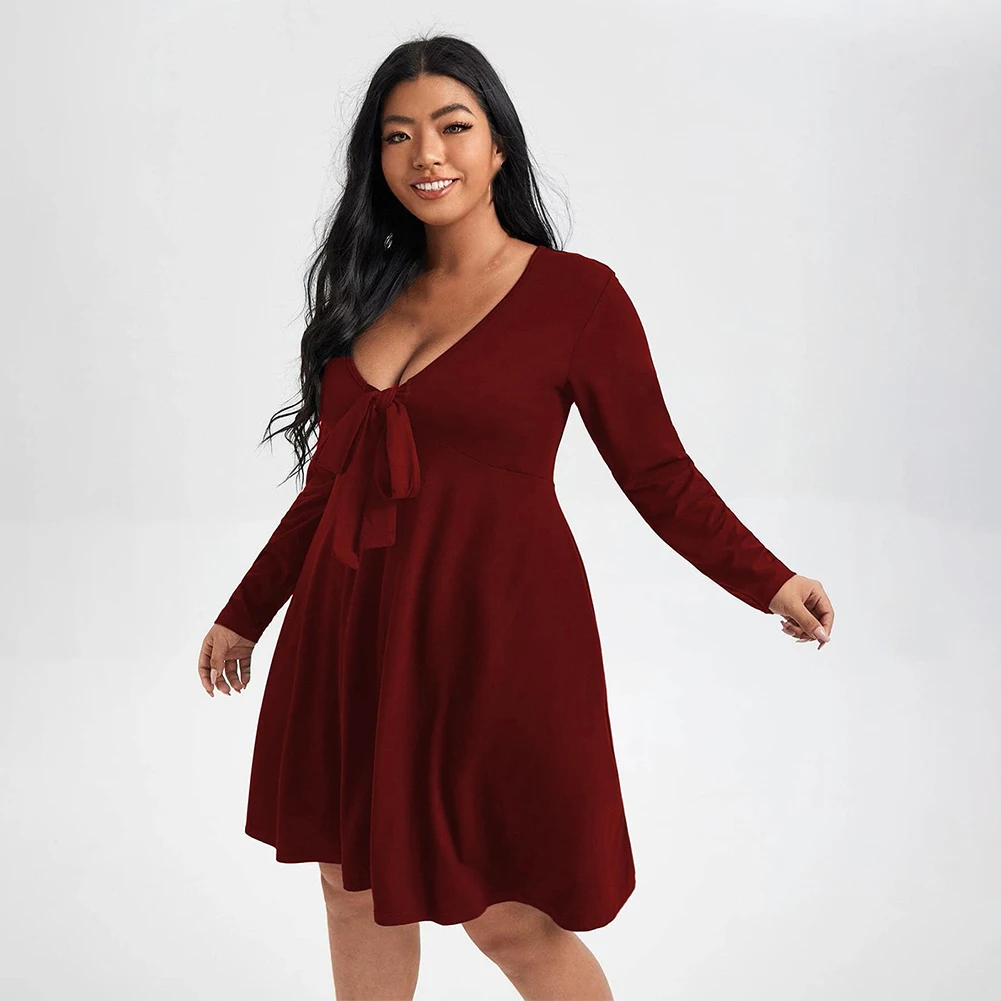 New Style L~4XL Plus Size Womens Long Sleeve Dress Solid Color V Neck Casual  Holiday Skirt Lightweight And Comfortable