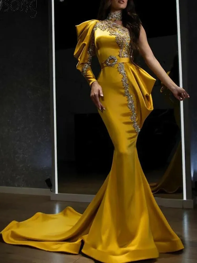 

Elegant Mermaid Evening Dresses Dubai See Through illusion High neck Formal Prom Cutaway Side Celebrity Gowns