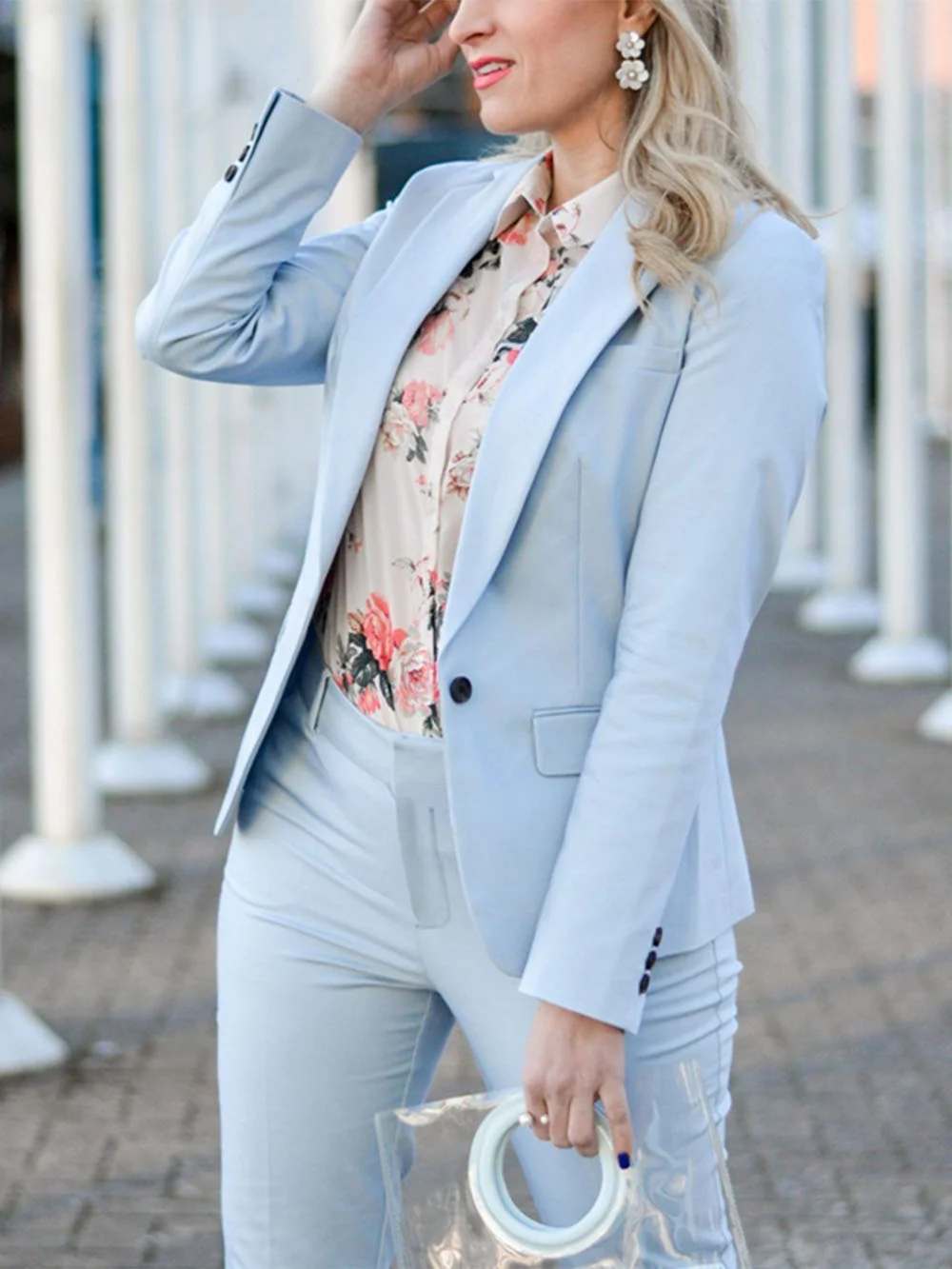 Light Blue One Button Women's Suit Casual Blazer Jacket and Pants Fashion Free Style For Daily Life Dressing