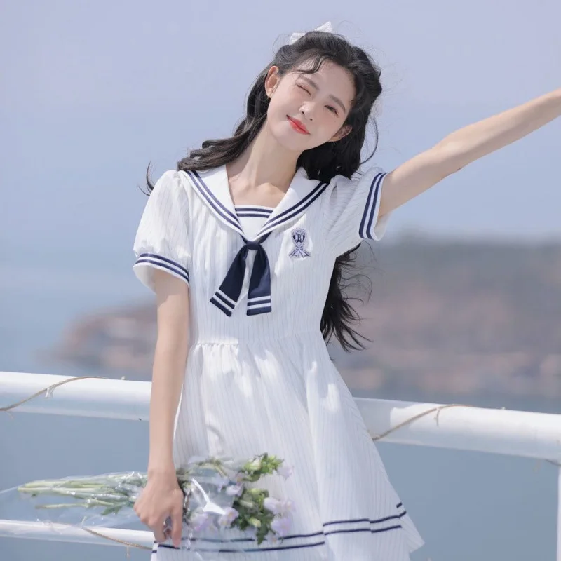 

College Fresh White Blue Sweet Girl Navy Collar Dress 2023 Summer Retro Slim High Waist A-Line Skirt