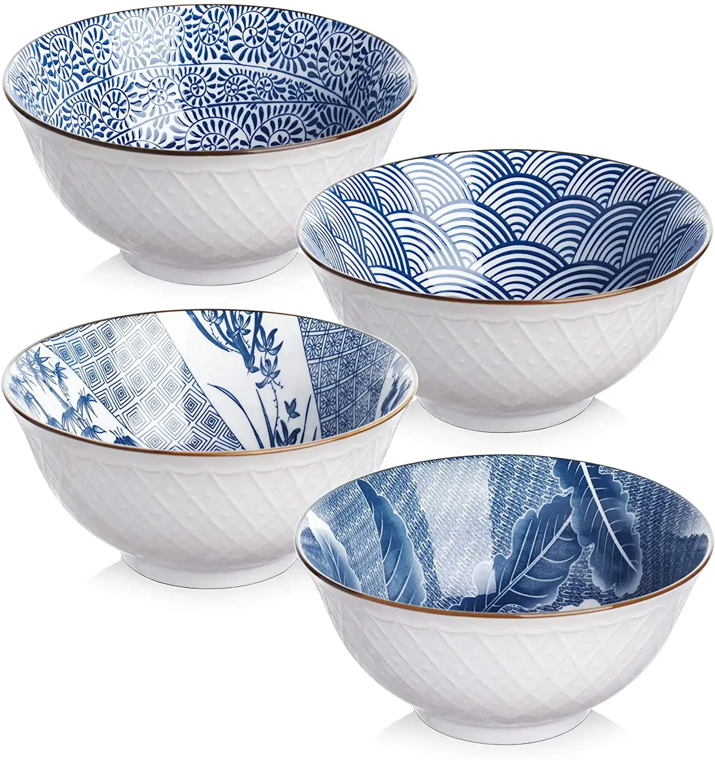 

Cereal, Ceramic Bowls for Soup, Salad, Pasta, Rice, 24 Ounces Microwave Dishwasher Safe, Assorted Blue White Patterns, Set of 4