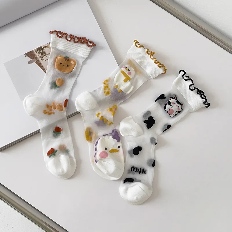 

Летние ультратонкие прозрачные шелковые носки с вышивкой в виде животных, милые носки для женщин и девочек, модные носки с оборками