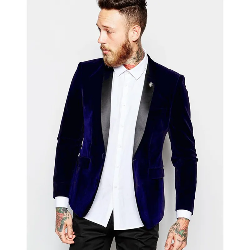 

2022 Dark Blue Velour Slim Fit Men Suit Set Groom Tuxedos Velvet Prom Performance Suits Skinny Smart Casual Terno (Jacket+Pants)